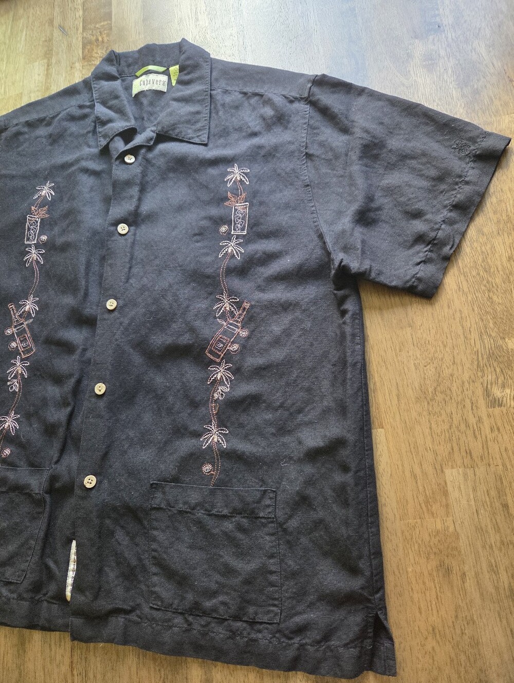 Linen Blend Vacation Tropical Drink Embroidered Short Sleeve Button Down Shirt